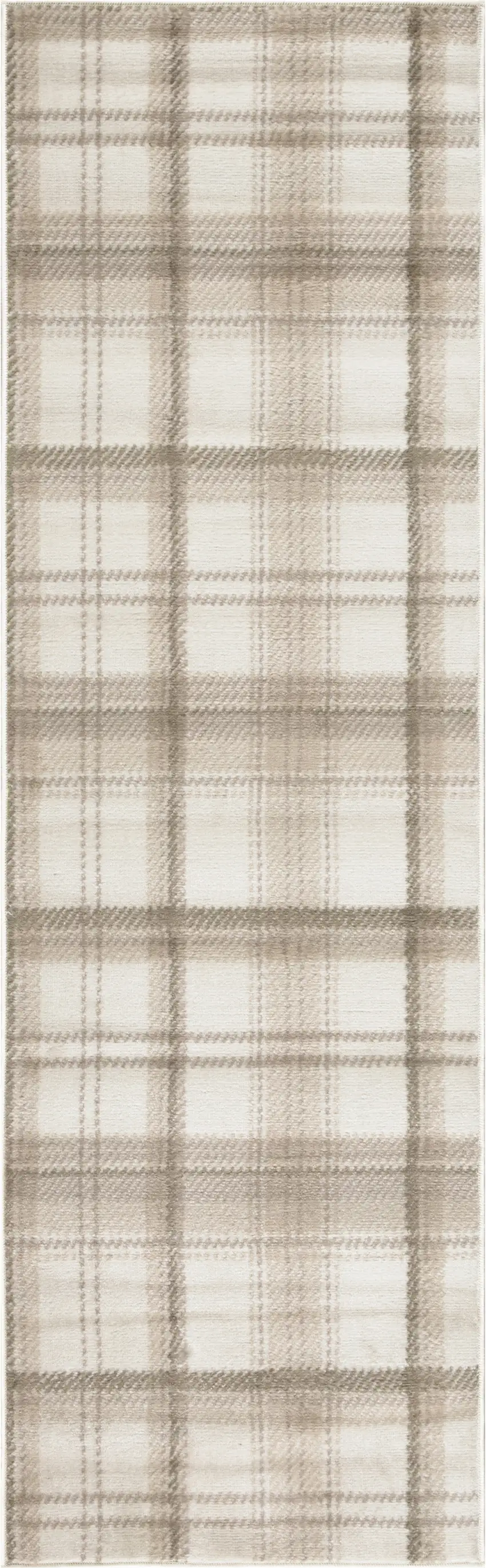 Beige and Ivory Plaid Power Loom Runner Rug Photo 2