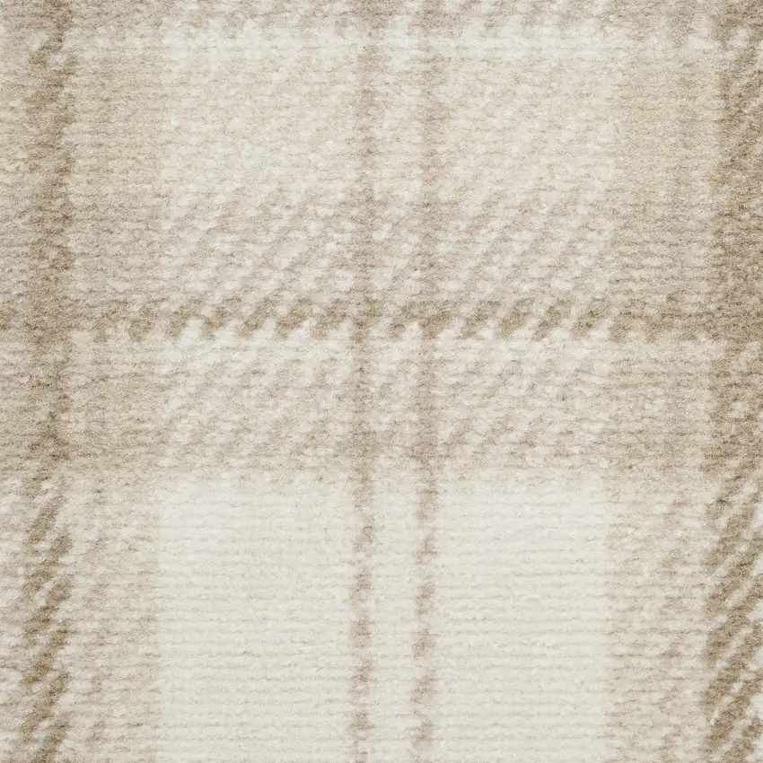 Beige and Ivory Plaid Power Loom Runner Rug Photo 9