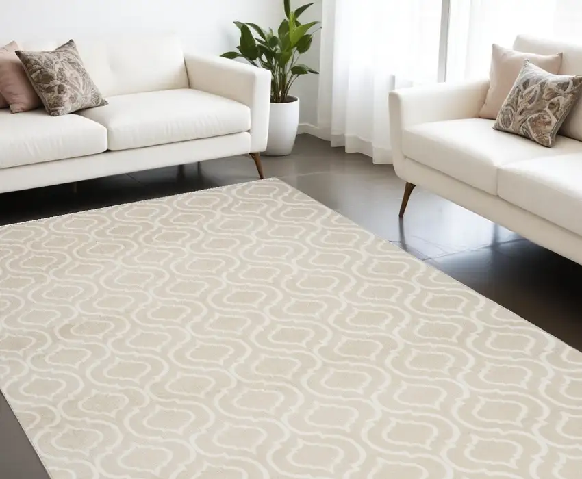 Beige and Ivory Trellis Non Skid Area Rug Photo 4