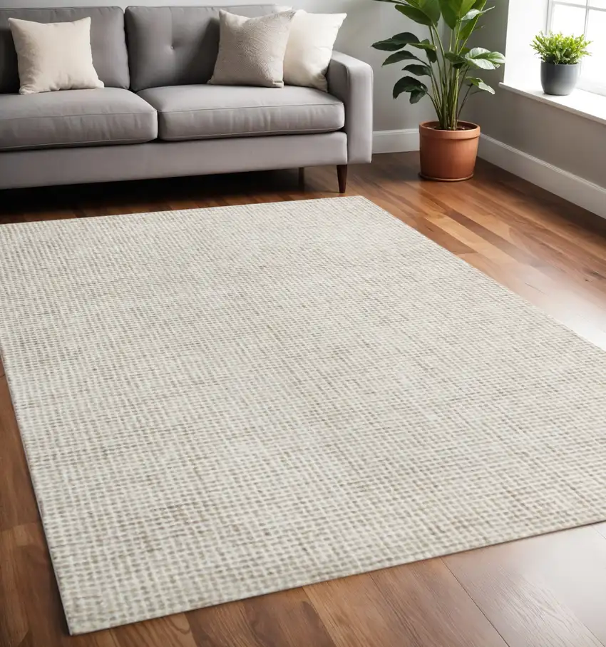 Beige and Ivory Wool Checkered Hand Tufted Area Rug Photo 1