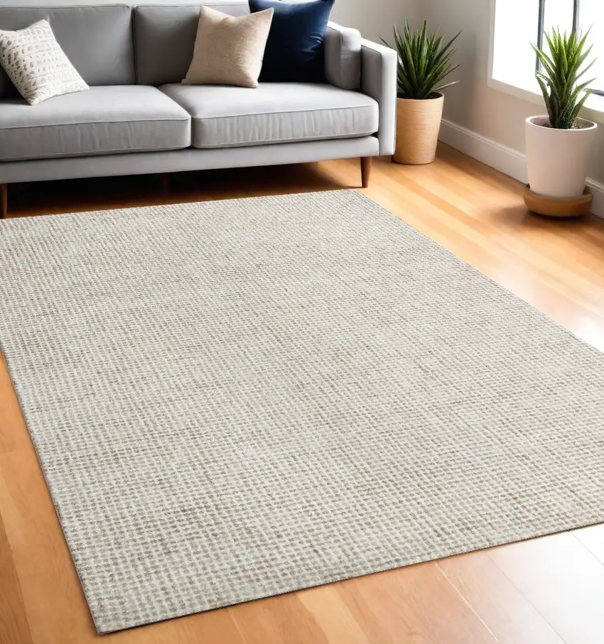 Beige and Ivory Wool Checkered Hand Tufted Area Rug Photo 1