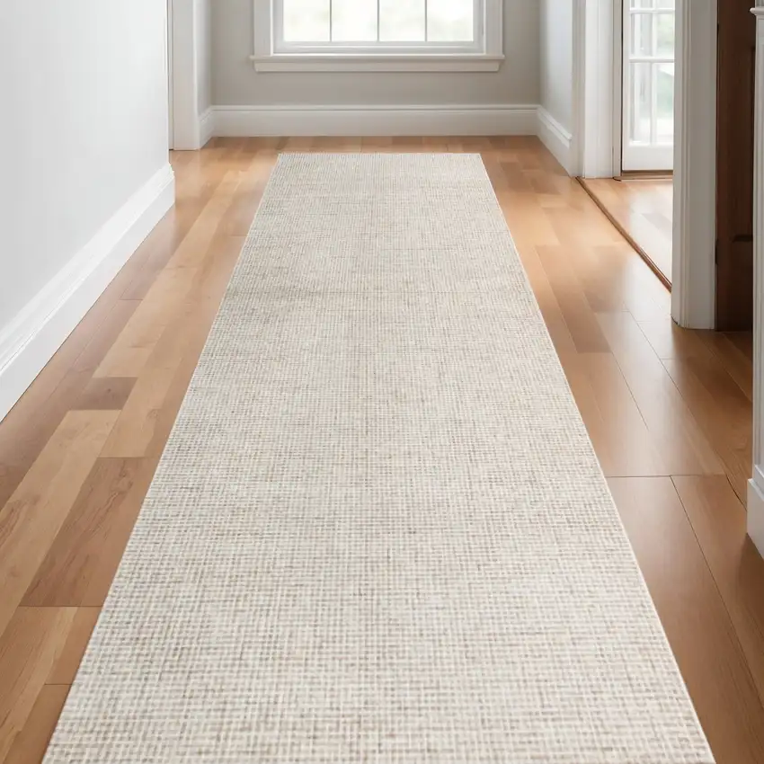 8' Beige And Ivory Wool Checkered Hand Tufted Runner Rug Photo 1