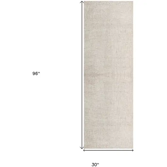 Beige and Ivory Wool Checkered Hand Tufted Runner Rug Photo 3