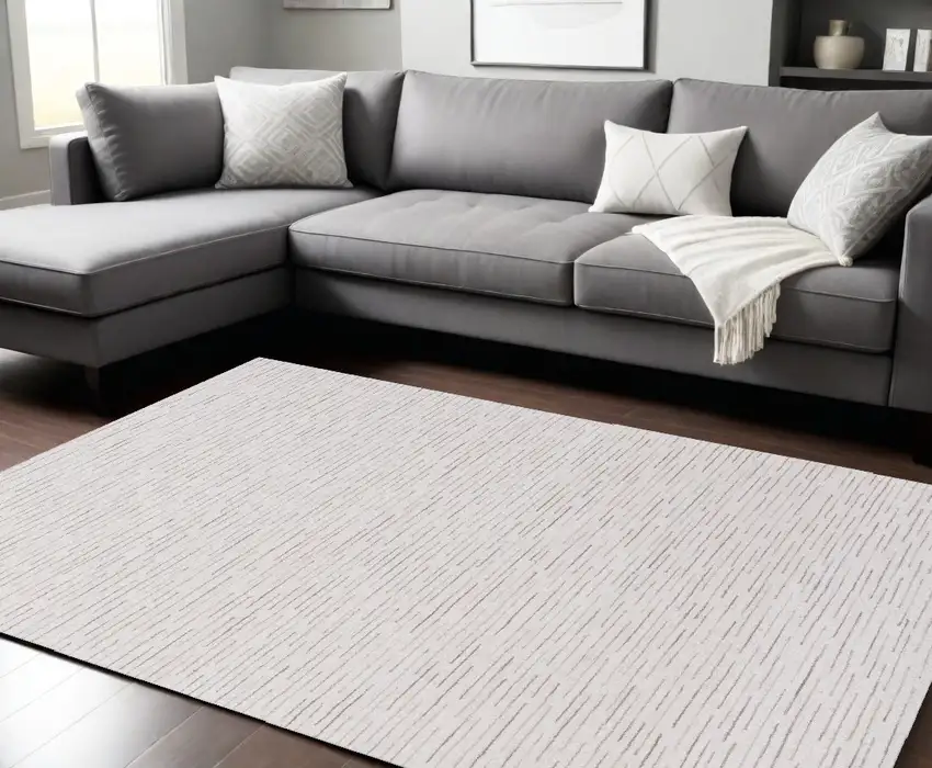 Beige and Ivory Wool Striped Hand Tufted Area Rug Photo 1