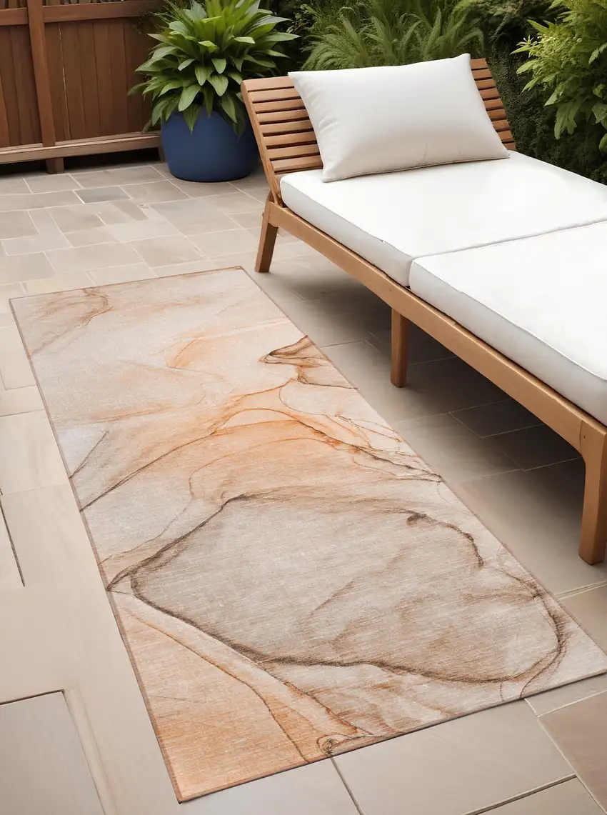 Beige and Orange Abstract Washable Non Skid Indoor Outdoor Runner Rug Photo 1