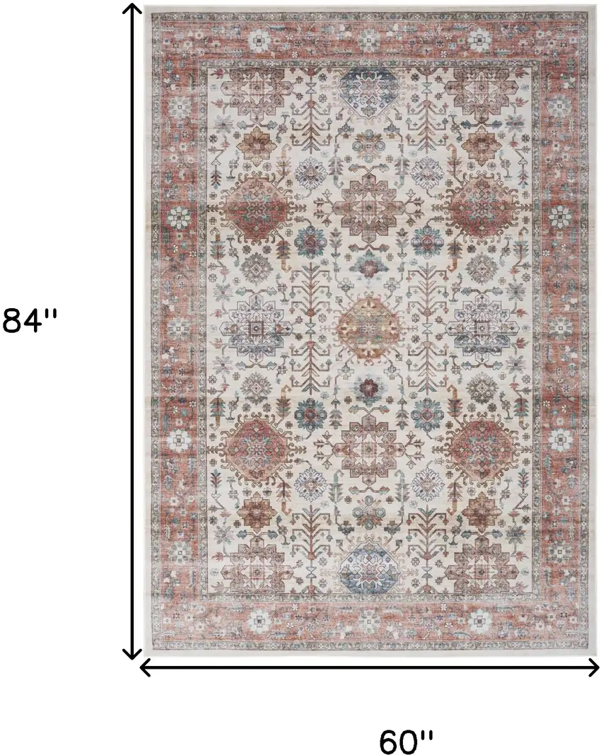 Beige and Orange Oriental Distressed Non Skid Area Rug Photo 3