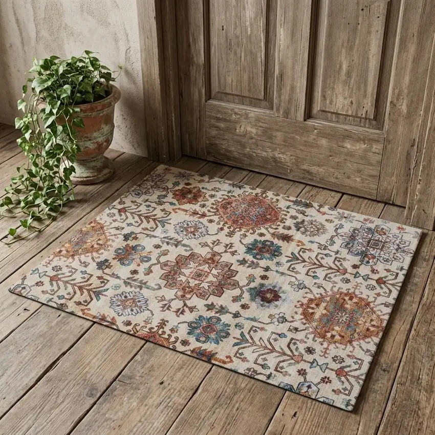 Beige and Orange Oriental Distressed Non Skid Area Rug Photo 1