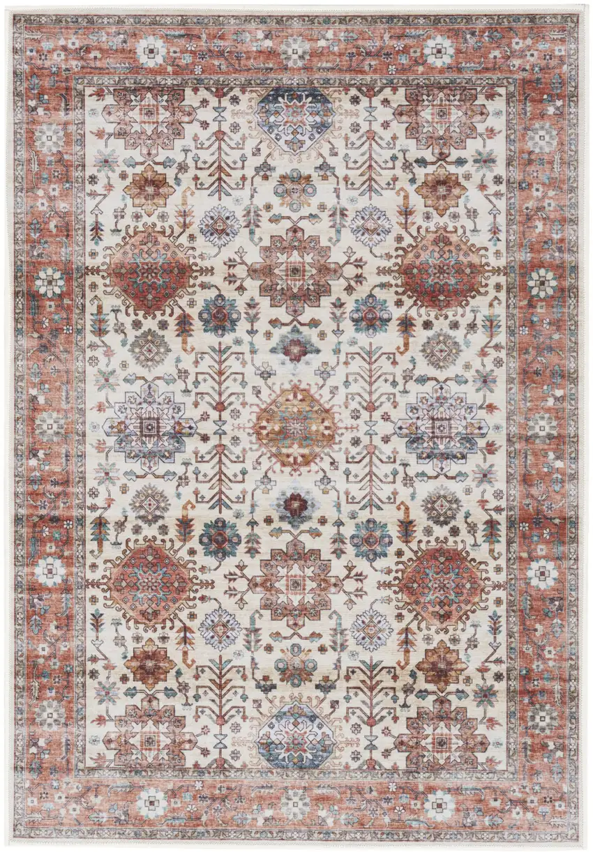 Beige and Orange Oriental Distressed Non Skid Area Rug Photo 2