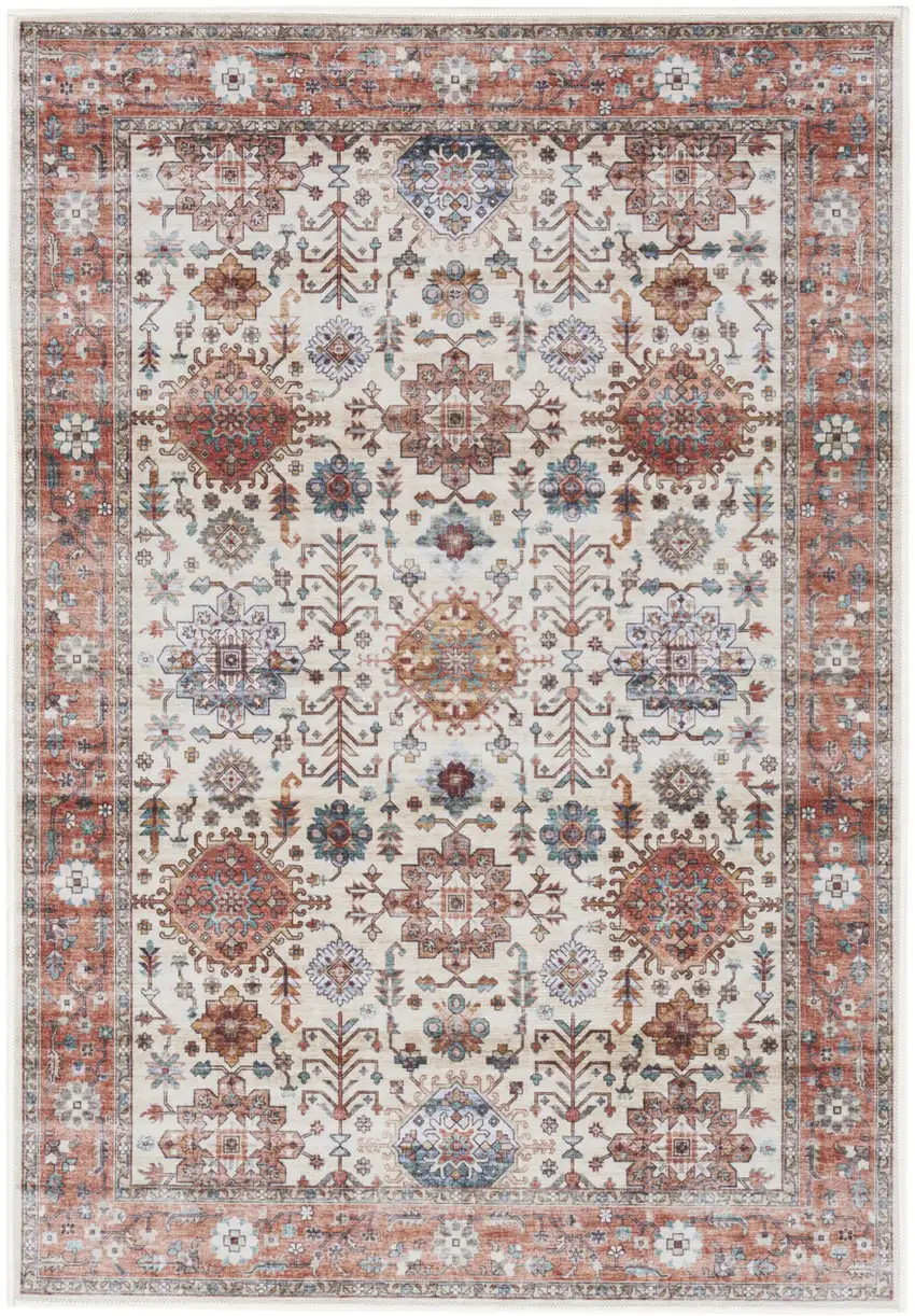 Beige and Orange Oriental Distressed Non Skid Area Rug Photo 1