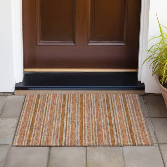 Beige and Orange Striped Washable Non Skid Indoor Outdoor Area Rug Photo 8