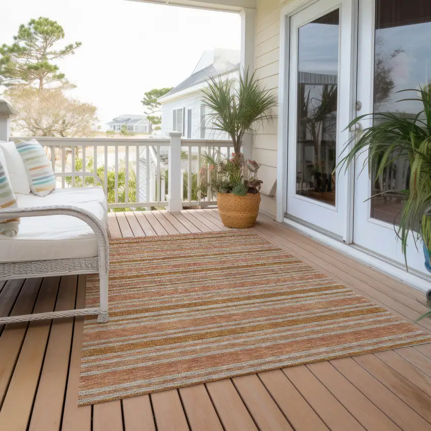 Beige and Orange Striped Washable Non Skid Indoor Outdoor Area Rug Photo 8
