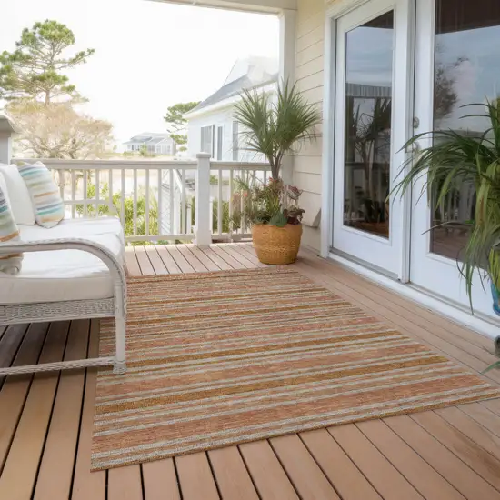 Beige and Orange Striped Washable Non Skid Indoor Outdoor Area Rug Photo 8