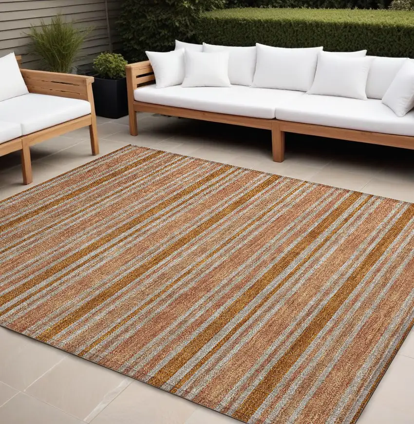 Beige and Orange Striped Washable Non Skid Indoor Outdoor Area Rug Photo 1
