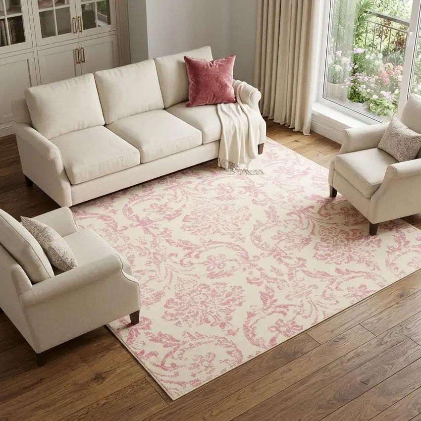 Beige and Pink Floral Power Loom Non Skid Area Rug Photo 1