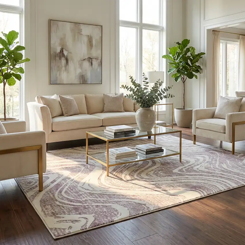 Beige and Purple Abstract Distressed Area Rug Photo 9