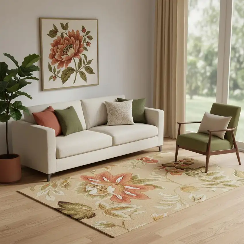 Beige and Red Botanical Leaves Hand Carved Handmade Area Rug Photo 1