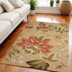 Photo of Beige and Red Botanical Leaves Hand Carved Handmade Area Rug