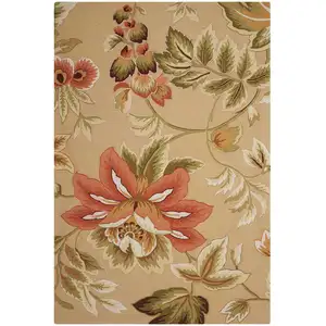Photo of Beige and Red Botanical Leaves Hand Carved Handmade Area Rug