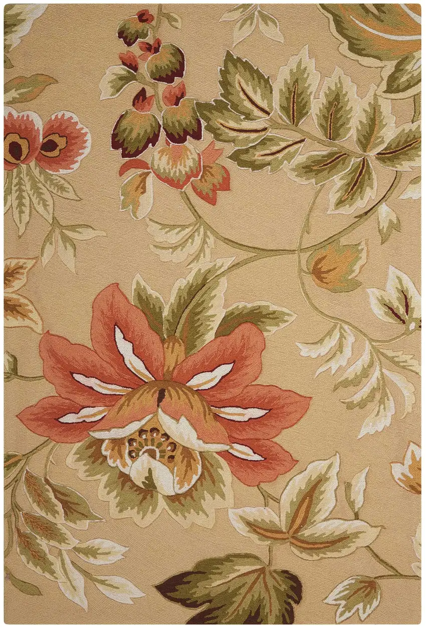 Beige and Red Botanical Leaves Hand Carved Handmade Area Rug Photo 1