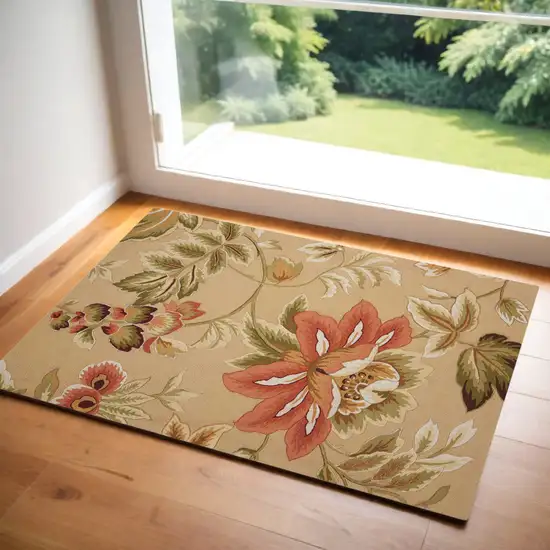 Beige and Red Botanical Leaves Hand Carved Handmade Area Rug Photo 2