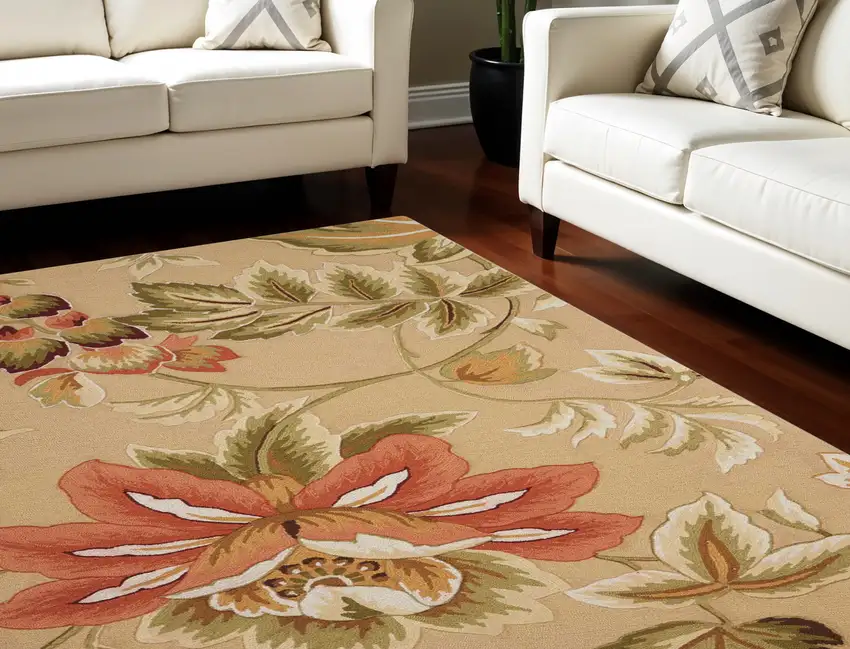 Beige and Red Floral Area Rug Photo 1