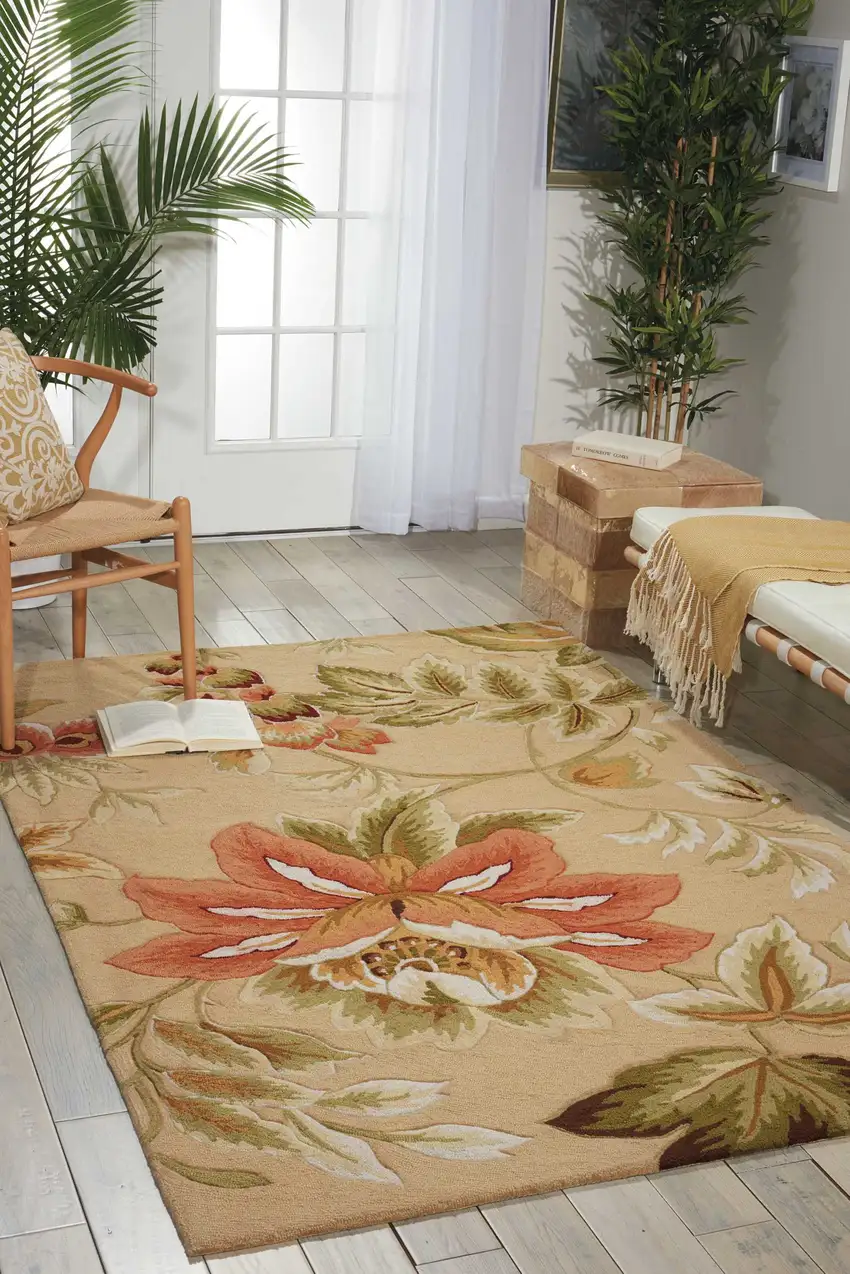 Beige and Red Floral Hand Carved Handmade Area Rug Photo 8