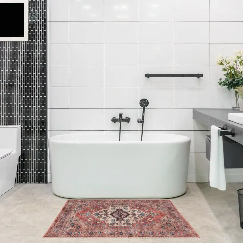 Beige and Red Medallion Power Loom Distressed Washable Non Skid Area Rug Photo 6