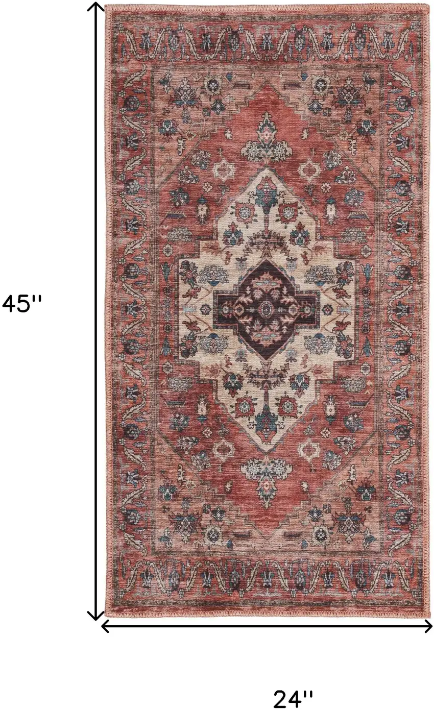 Beige and Red Medallion Power Loom Distressed Washable Non Skid Area Rug Photo 3