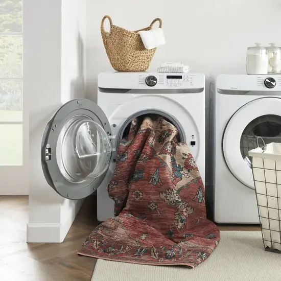 Beige and Red Medallion Power Loom Distressed Washable Non Skid Area Rug Photo 7