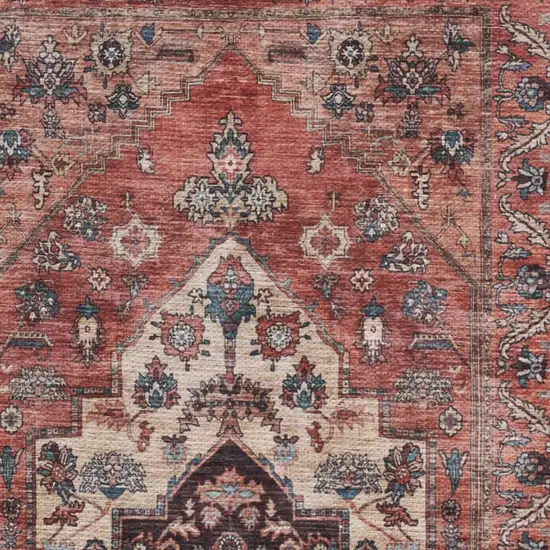 Beige and Red Medallion Power Loom Distressed Washable Non Skid Area Rug Photo 1