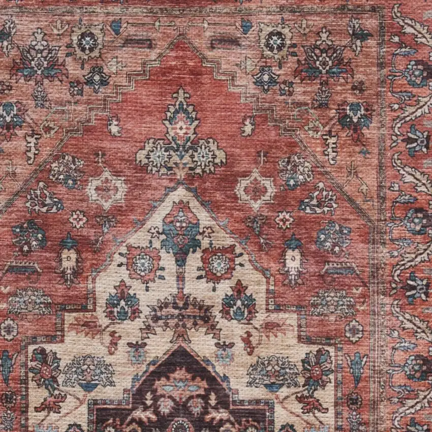 Beige and Red Medallion Power Loom Distressed Washable Non Skid Area Rug Photo 1