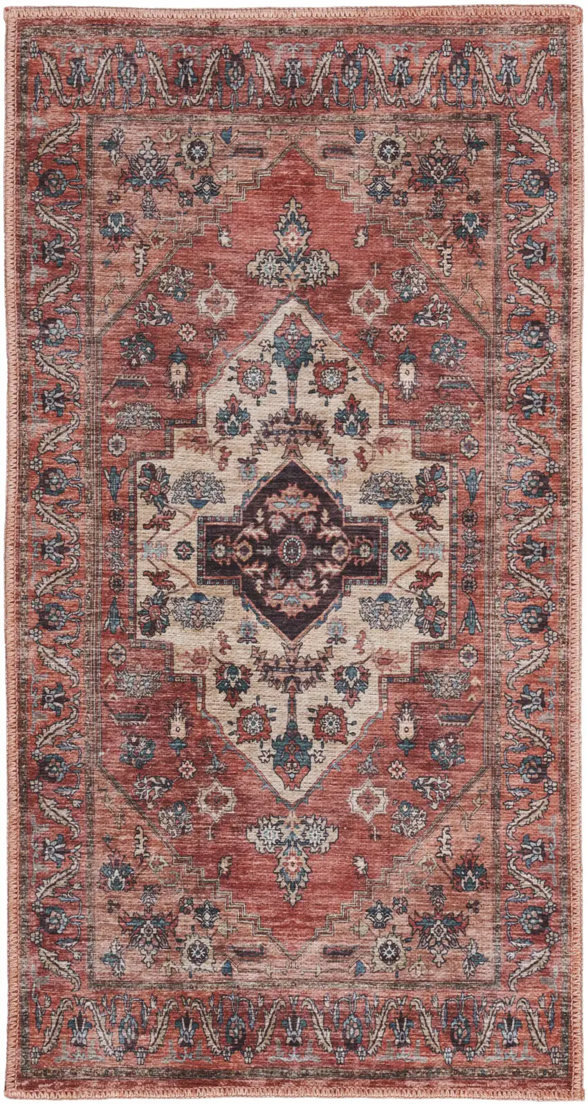 Beige and Red Medallion Power Loom Distressed Washable Non Skid Area Rug Photo 2