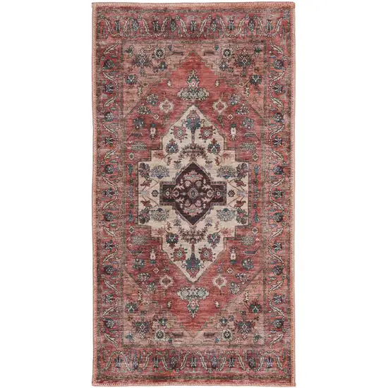 Beige and Red Medallion Power Loom Distressed Washable Non Skid Area Rug Photo 4