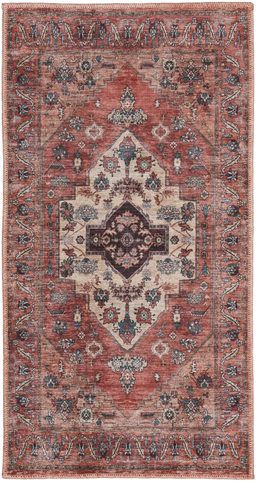 Beige and Red Medallion Power Loom Distressed Washable Non Skid Area Rug Photo 4
