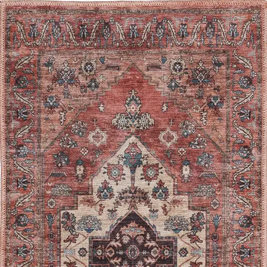 Beige and Red Medallion Power Loom Distressed Washable Non Skid Area Rug Photo 3