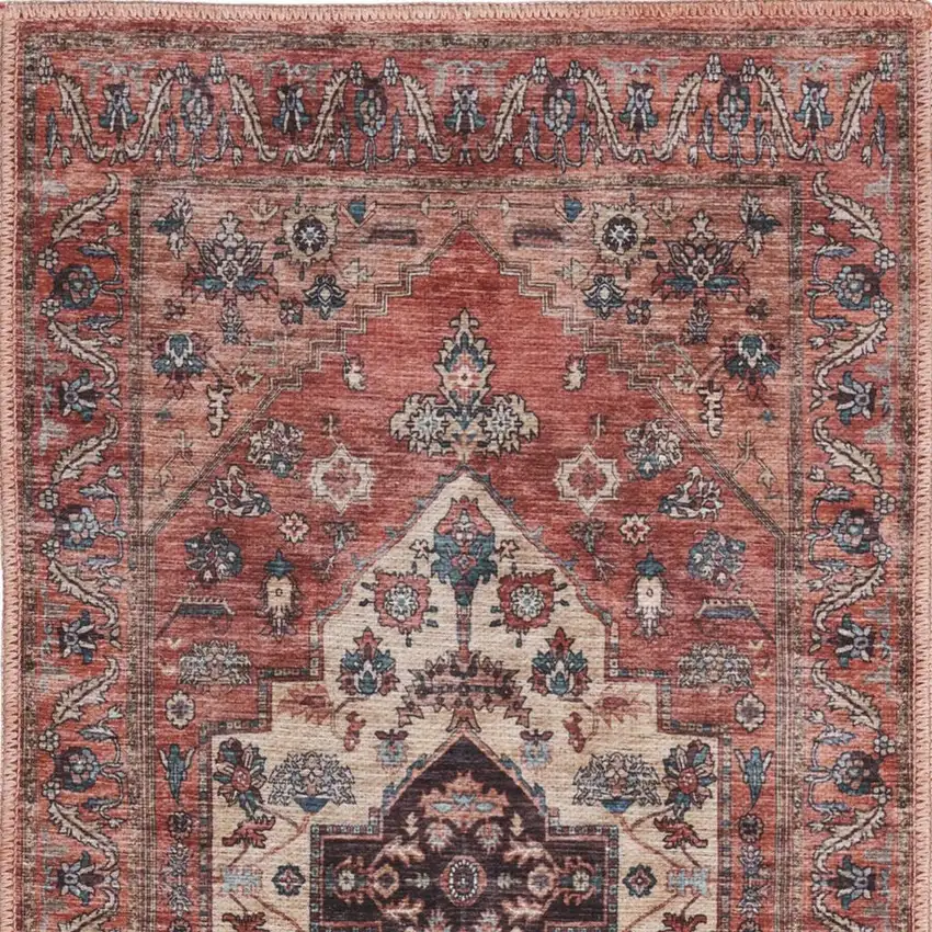 Beige and Red Medallion Power Loom Distressed Washable Non Skid Area Rug Photo 3