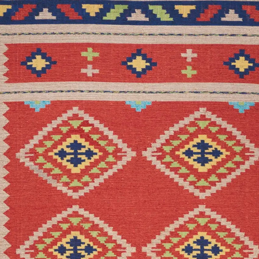Beige and Red Southwestern Handmade Area Rug With Fringe Photo 9