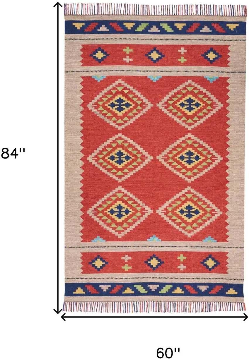 Beige and Red Southwestern Handmade Area Rug With Fringe Photo 3