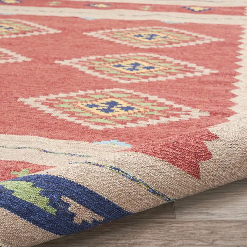 Beige and Red Southwestern Handmade Area Rug With Fringe Photo 5