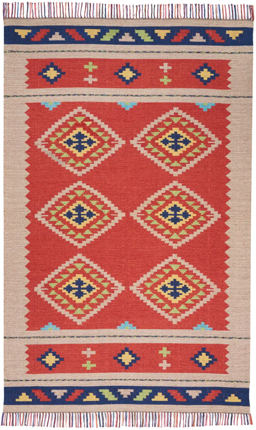 Beige and Red Southwestern Handmade Area Rug With Fringe Photo 2
