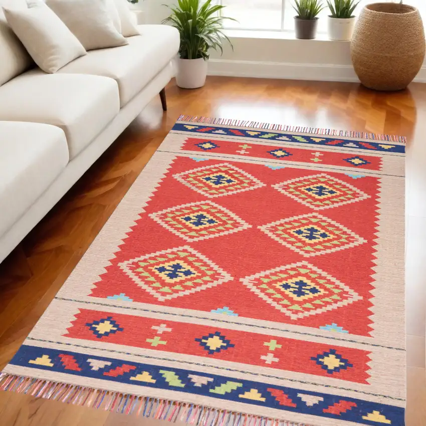 Beige and Red Southwestern Handmade Area Rug With Fringe Photo 1