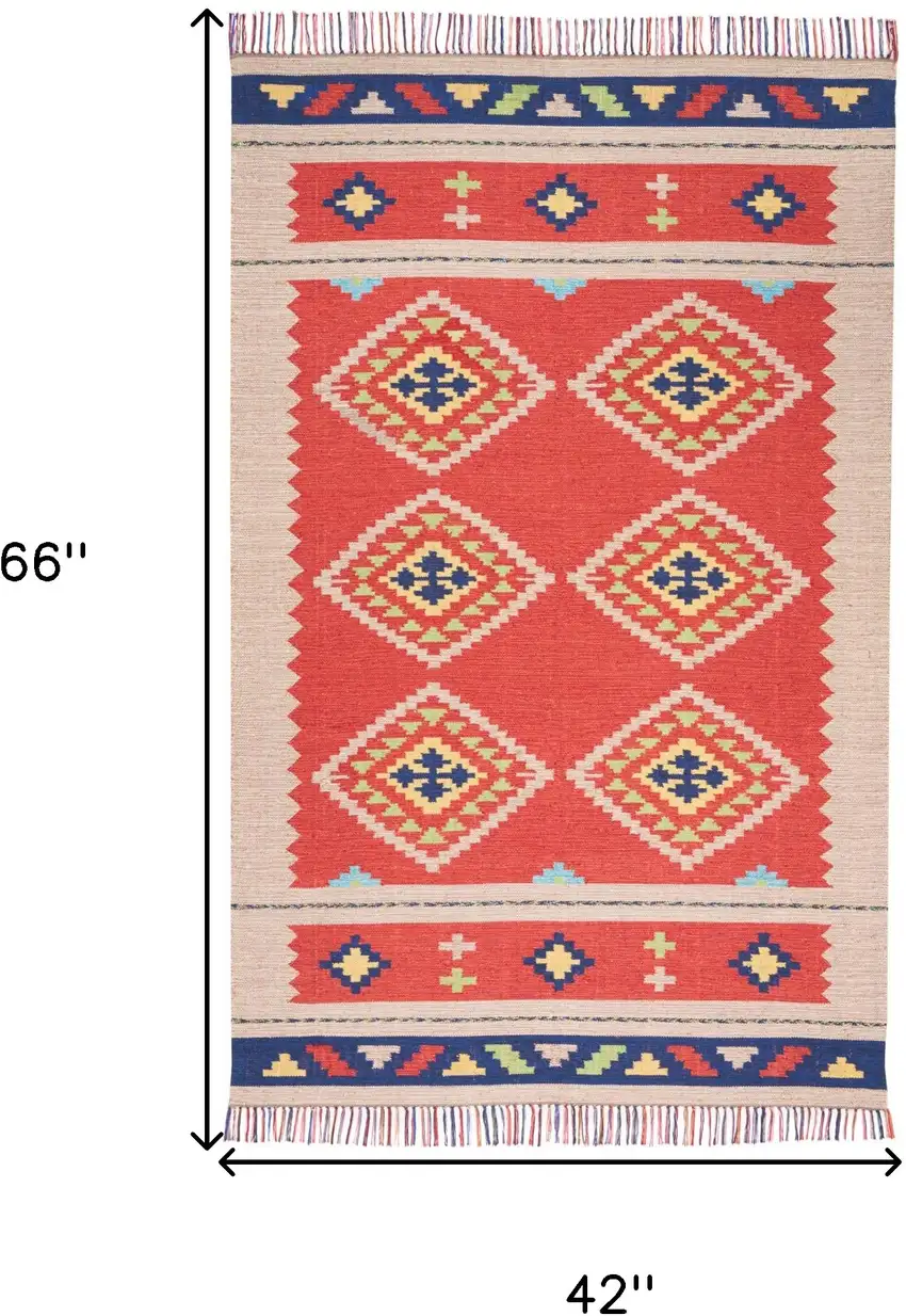 Beige and Red Southwestern Handmade Area Rug With Fringe Photo 3