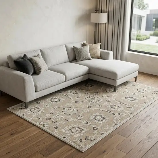 7' X 11' Beige Or Grey Floral Vines Uv Treated Indoor Area Rug Photo 1
