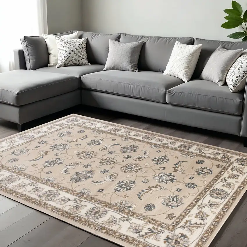 Beige And Ivory Floral Medallion Area Rug Photo 1