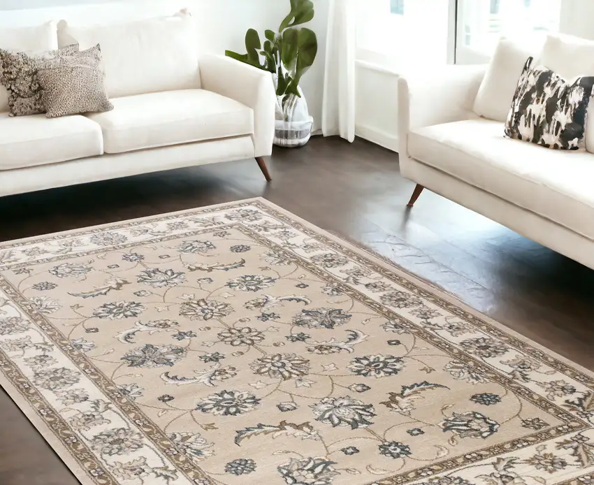 Beige Or Ivory Floral Vine Bordered Indoor Area Rug Photo 2