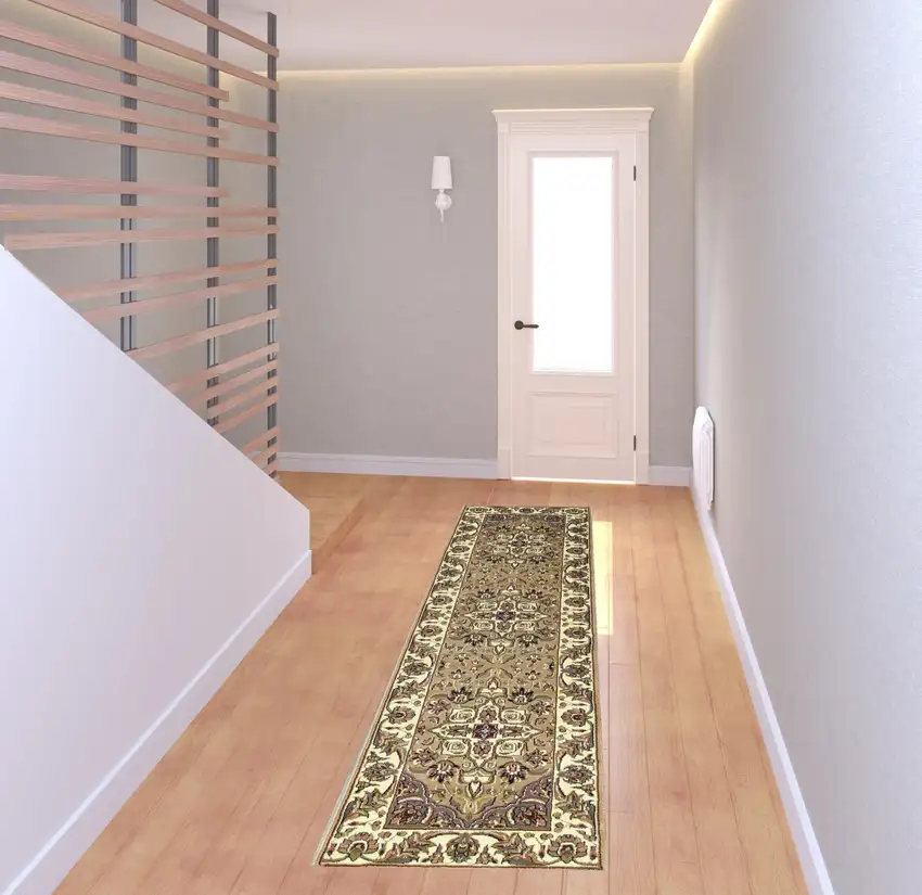 Beige or Ivory Medallion Runner Rug Photo 7