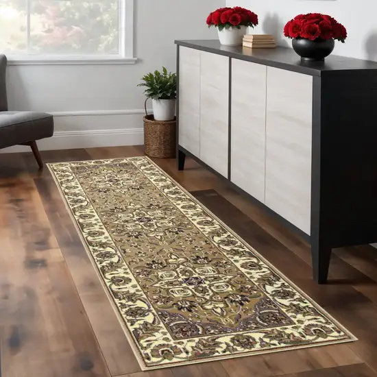 8' Beige And Ivory Floral Runner Rug Photo 1