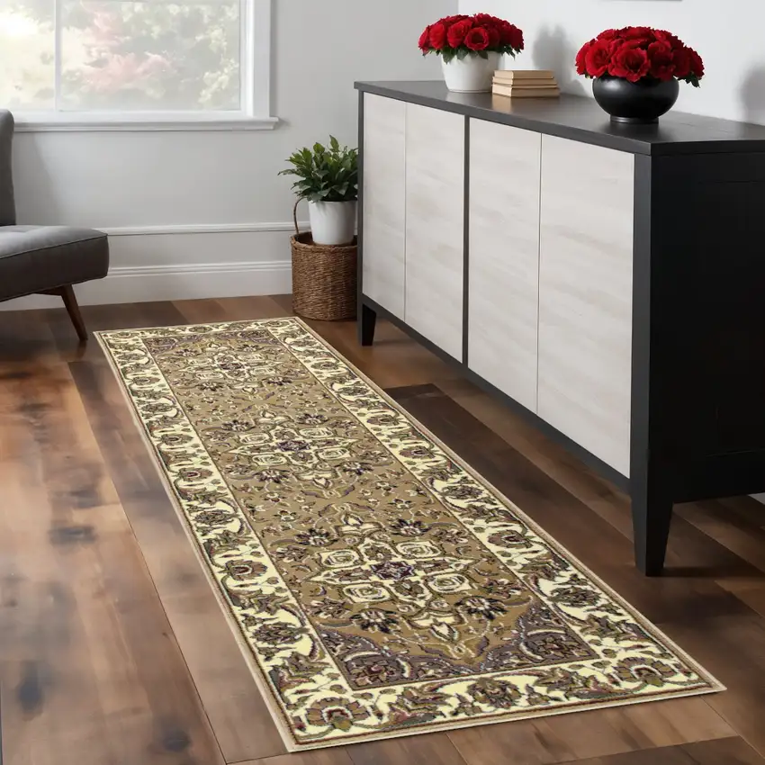 8' Beige And Ivory Floral Runner Rug Photo 1