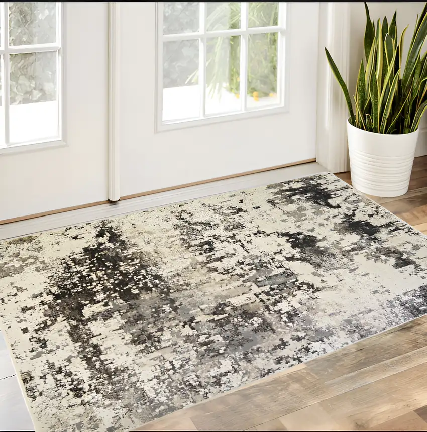 Black Abstract Distressed Area Rug With Fringe Photo 2