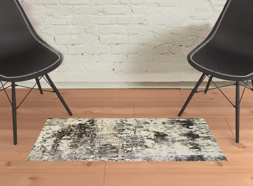 Black Abstract Distressed Area Rug With Fringe Photo 2